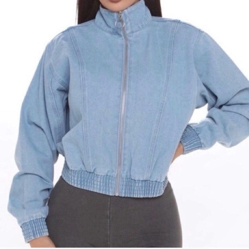 Haute Monde Light Wash Wash Denim Bomber Jacket Medium Jean Jacket Zip Up